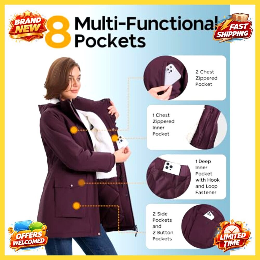 Women's Waterproof Fleece Lined Winter Parka with Removable Hood, Insulated - Picture 4 of 6